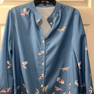 BLUE BUTTERFLY BLOUSE SZ L POLY/COTTON ELASTIC WRIST NEVER WORN